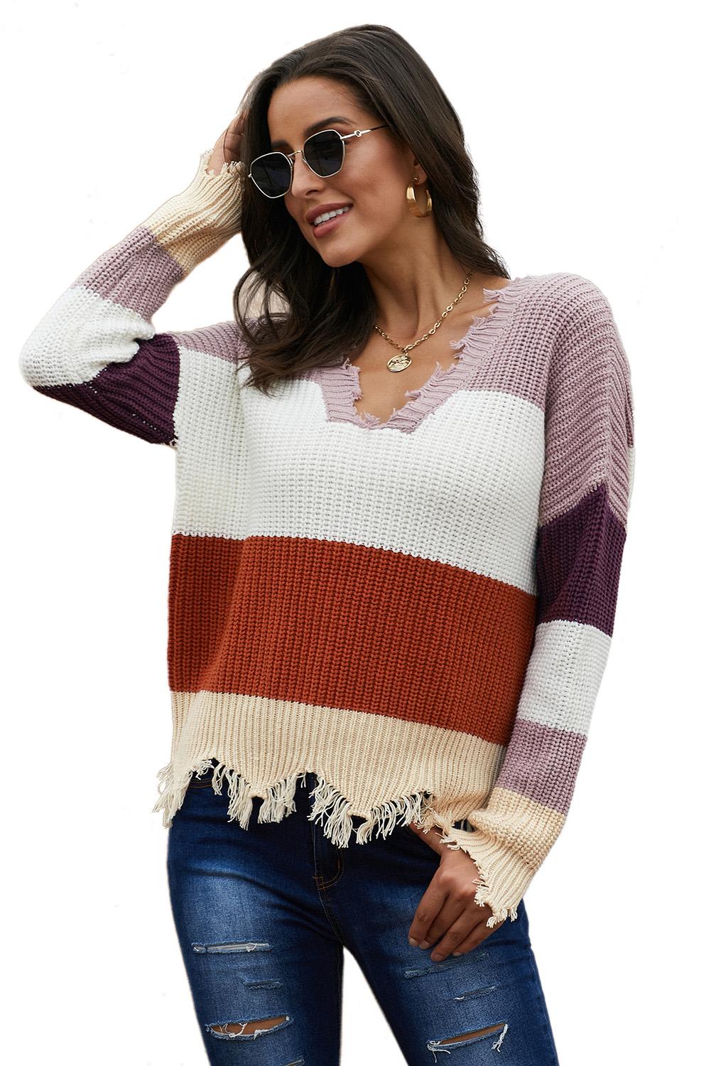 Fashion Red Colorblock Distressed Sweater