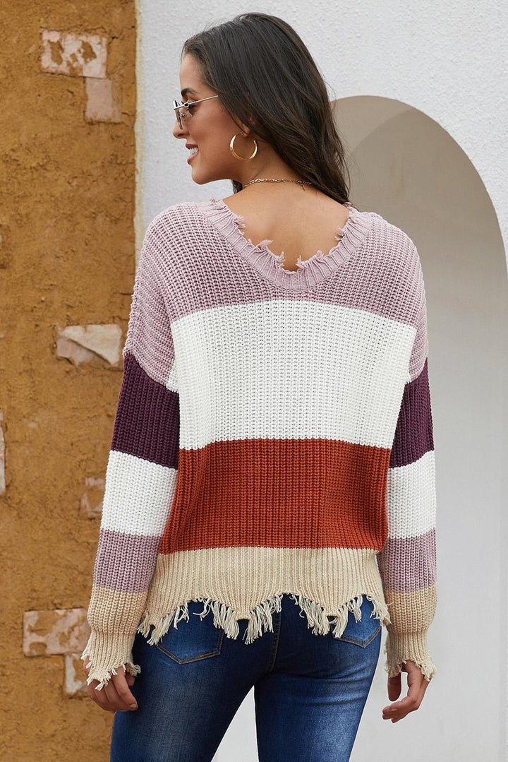 Fashion Red Colorblock Distressed Sweater