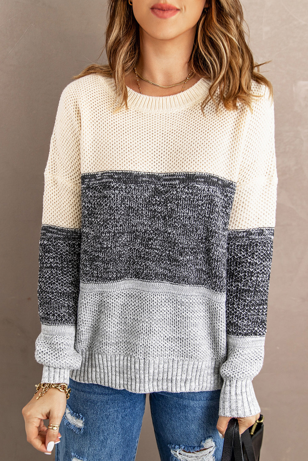 Winter Gray Color Block Netted Texture Pullover Sweater