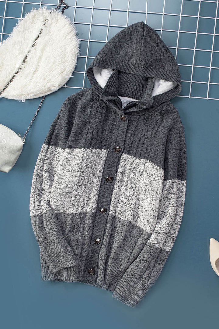 Winter Gray Hooded Button Cable Knit Cardigan