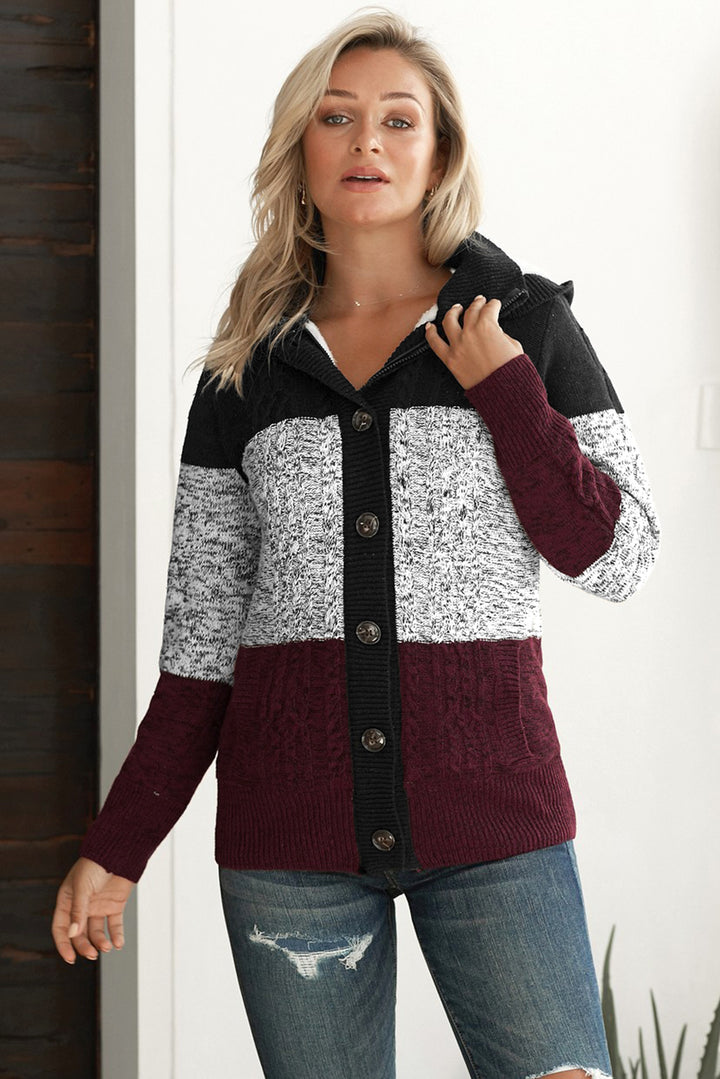 Winter Wine Hooded Button Cable Knit Cardigan