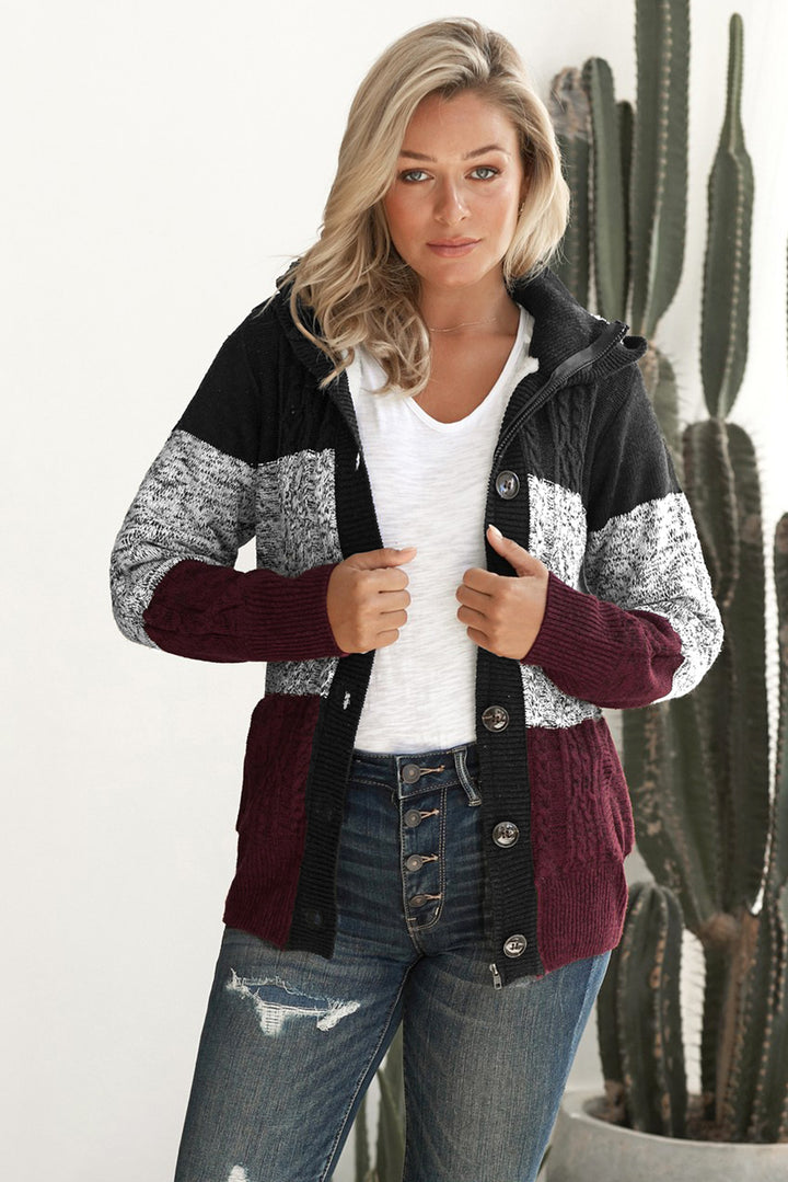 Winter Wine Hooded Button Cable Knit Cardigan