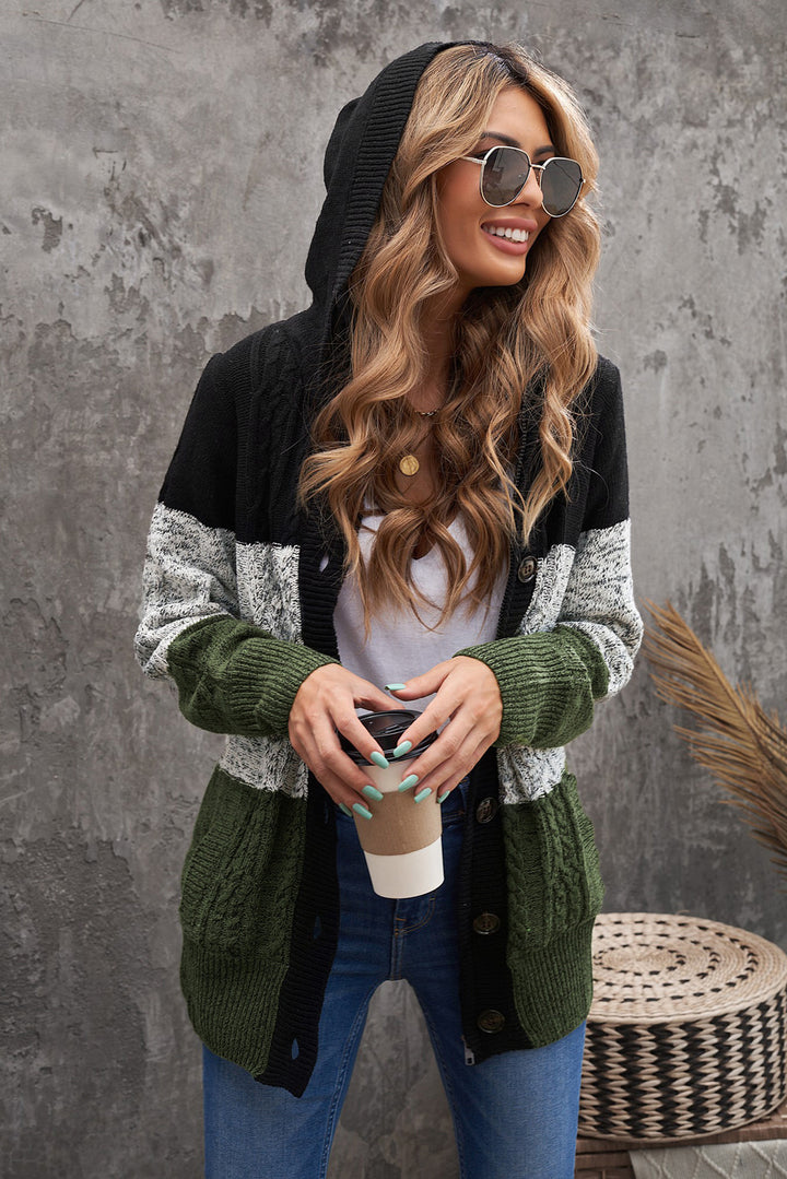 Winter Green Hooded Button Cable Knit Cardigan