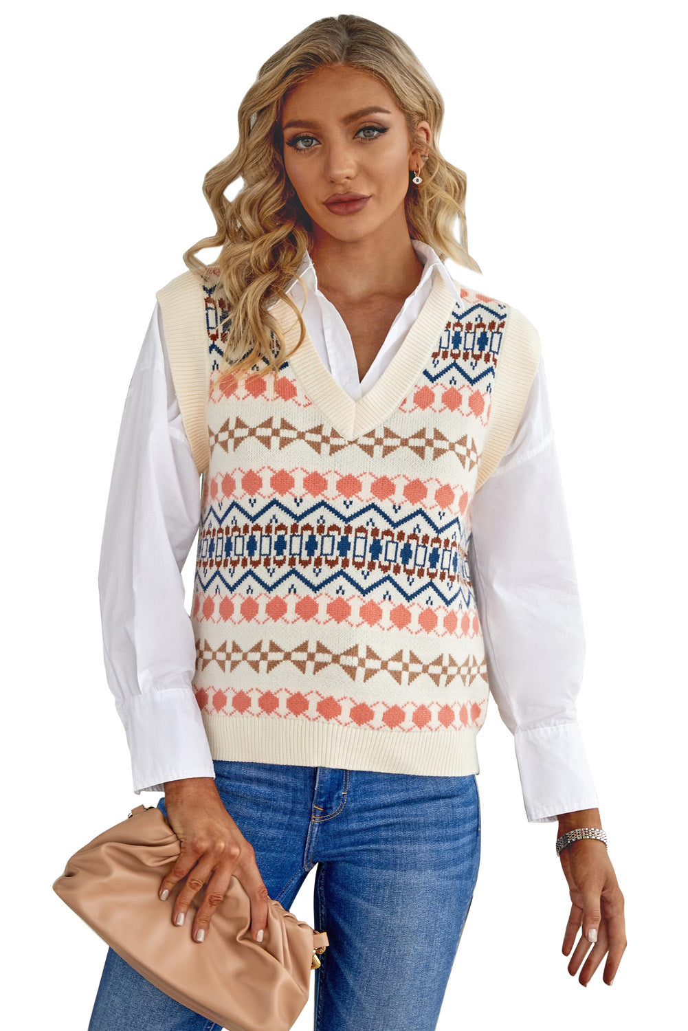 Women's White Tribal Print V Neck Knitted Sweater Vest