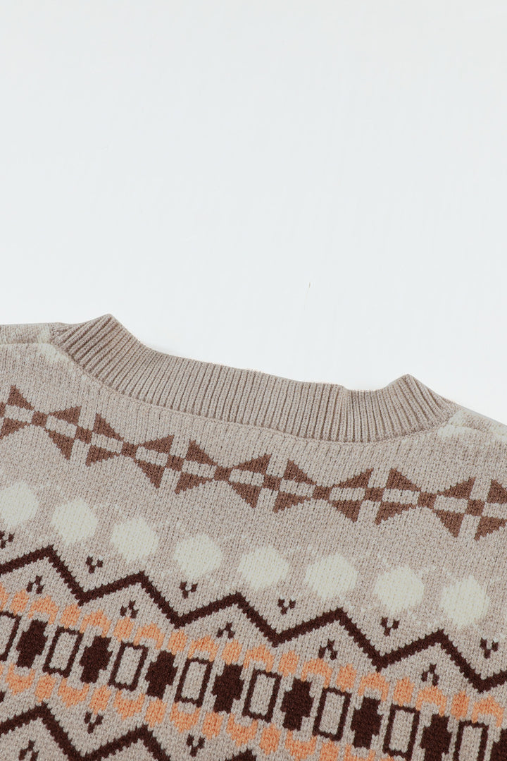 Women's Khaki Tribal Print V Neck Knitted Sweater Vest