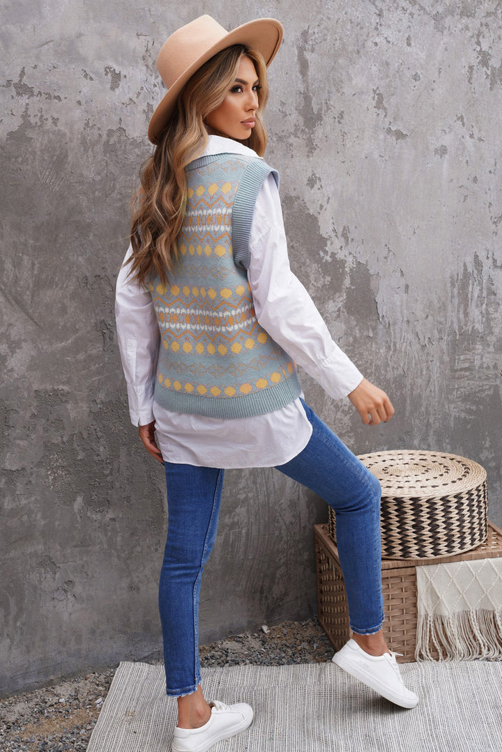 Women's Blue Tribal Print V Neck Knitted Sweater Vest
