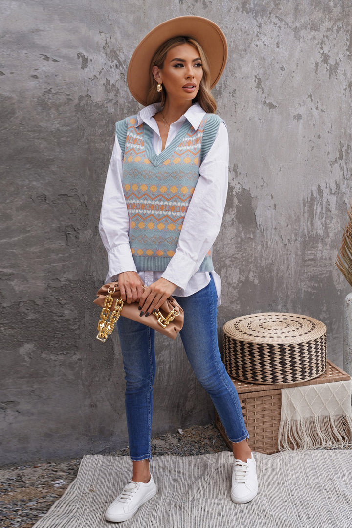 Women's Blue Tribal Print V Neck Knitted Sweater Vest