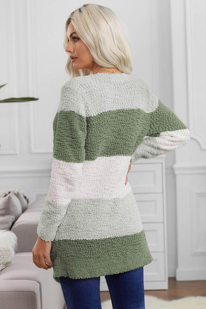 Women's Green Colorblock Popcorn Knit Cardigan