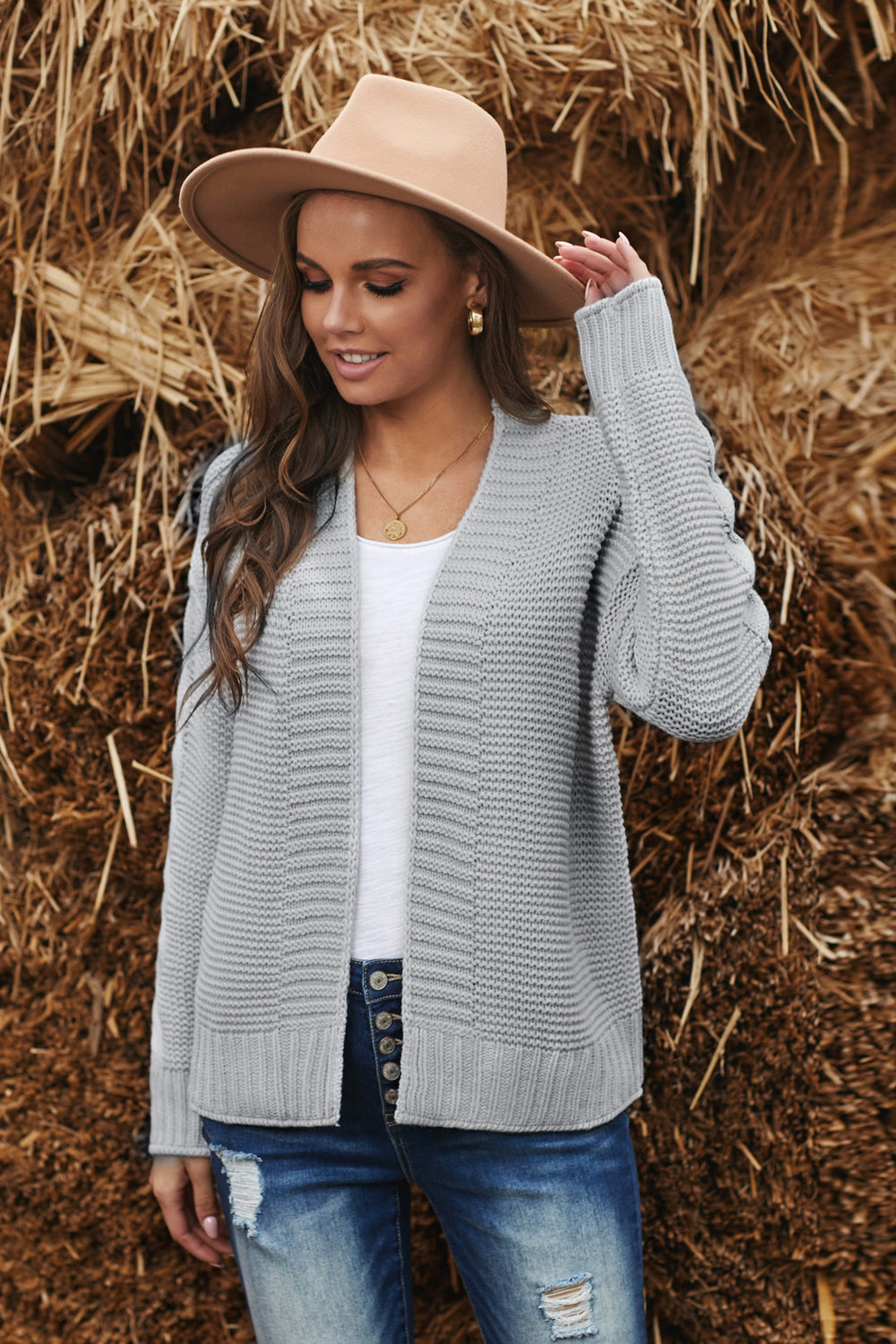 Women's Gray Open Front Chunky Knit Cardigan