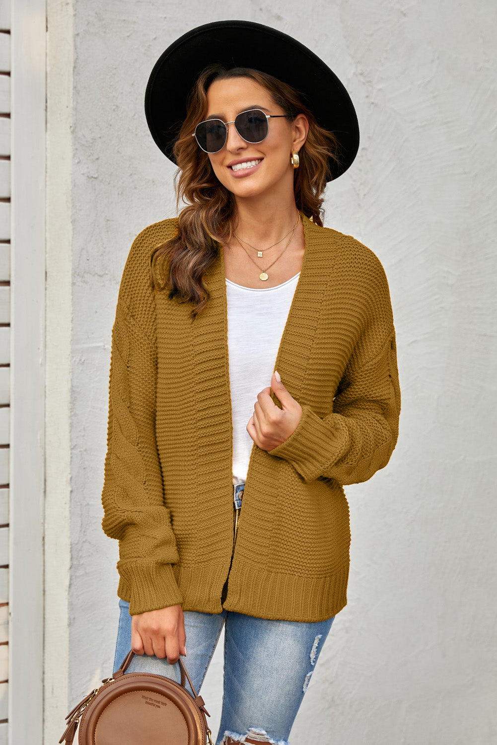 Fahion Brown Open Front Chunky Knit Cardigan