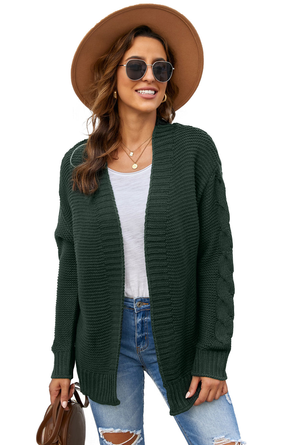 Women's Green Open Front Chunky Knit Cardigan