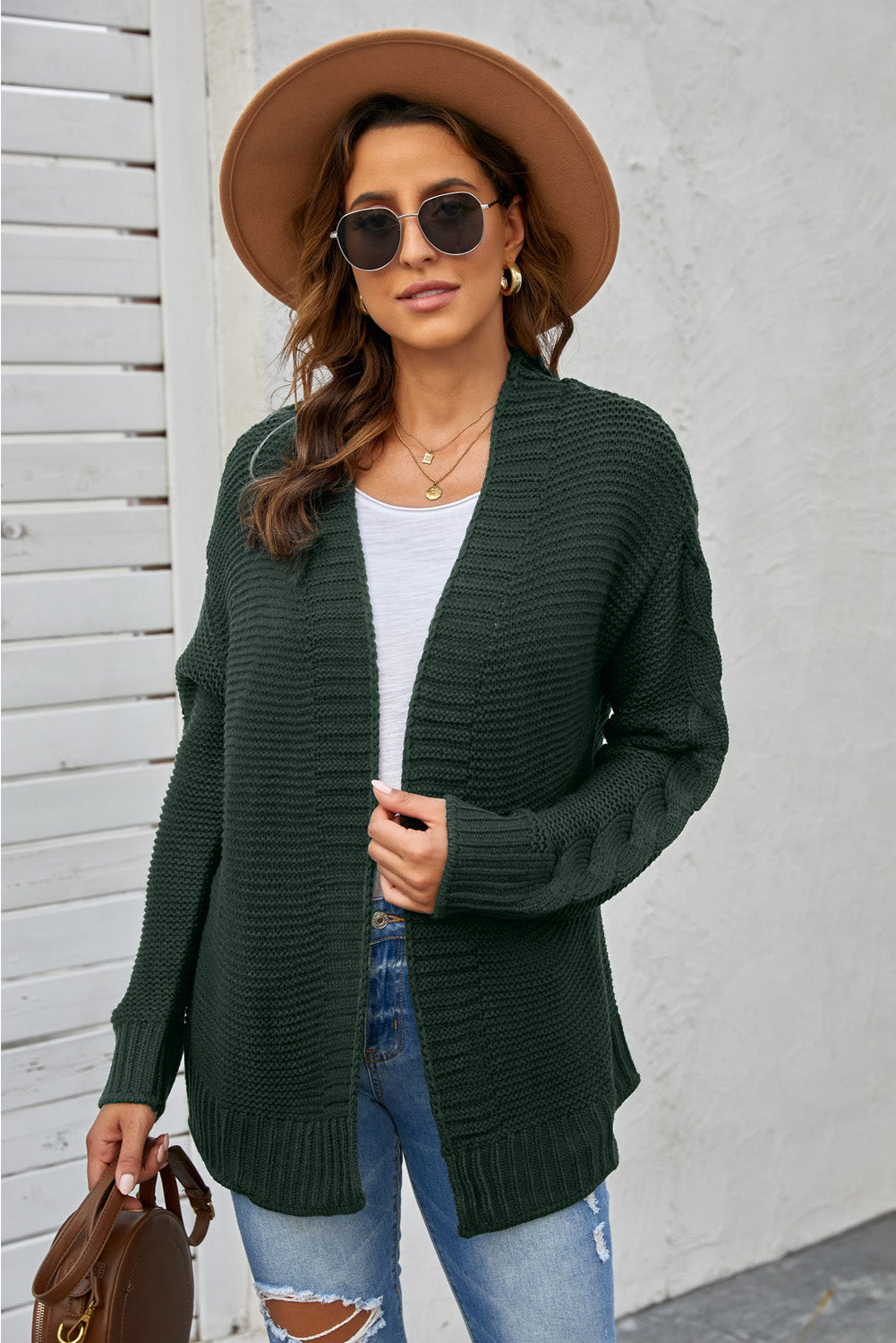 Women's Green Open Front Chunky Knit Cardigan