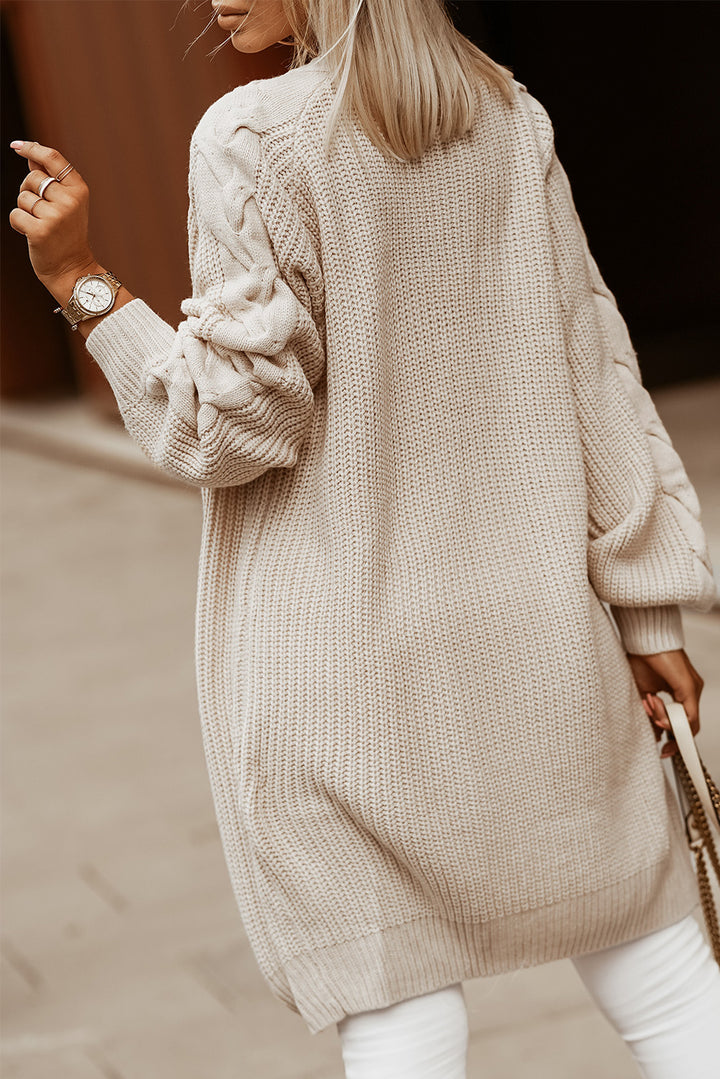 Fashion Khaki Open Front Cable Sleeve Long Cardigan