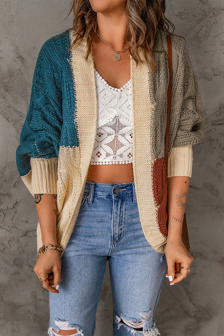 Khaki Color Block Loose Open Front Knitted Cardigan