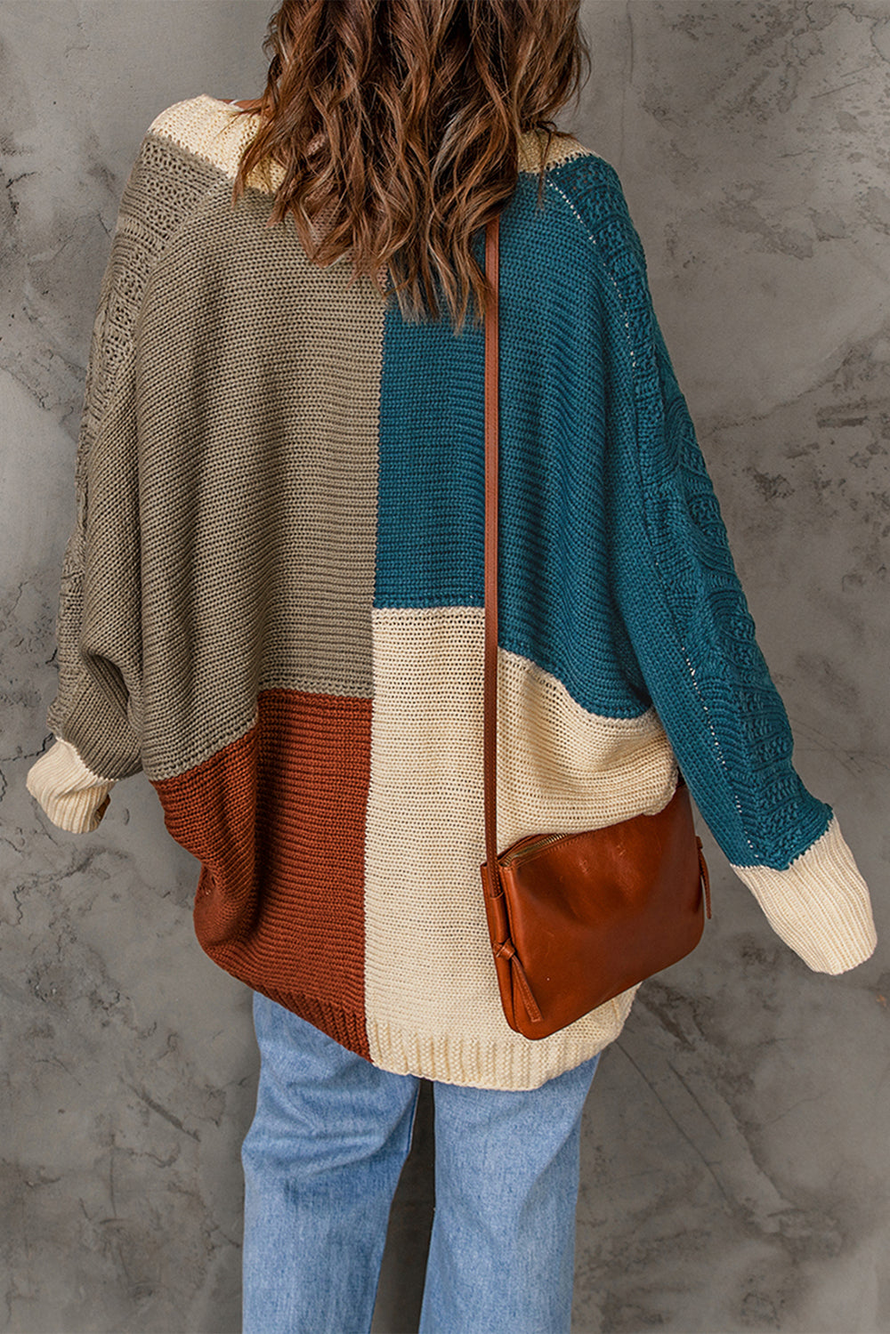 Khaki Color Block Loose Open Front Knitted Cardigan