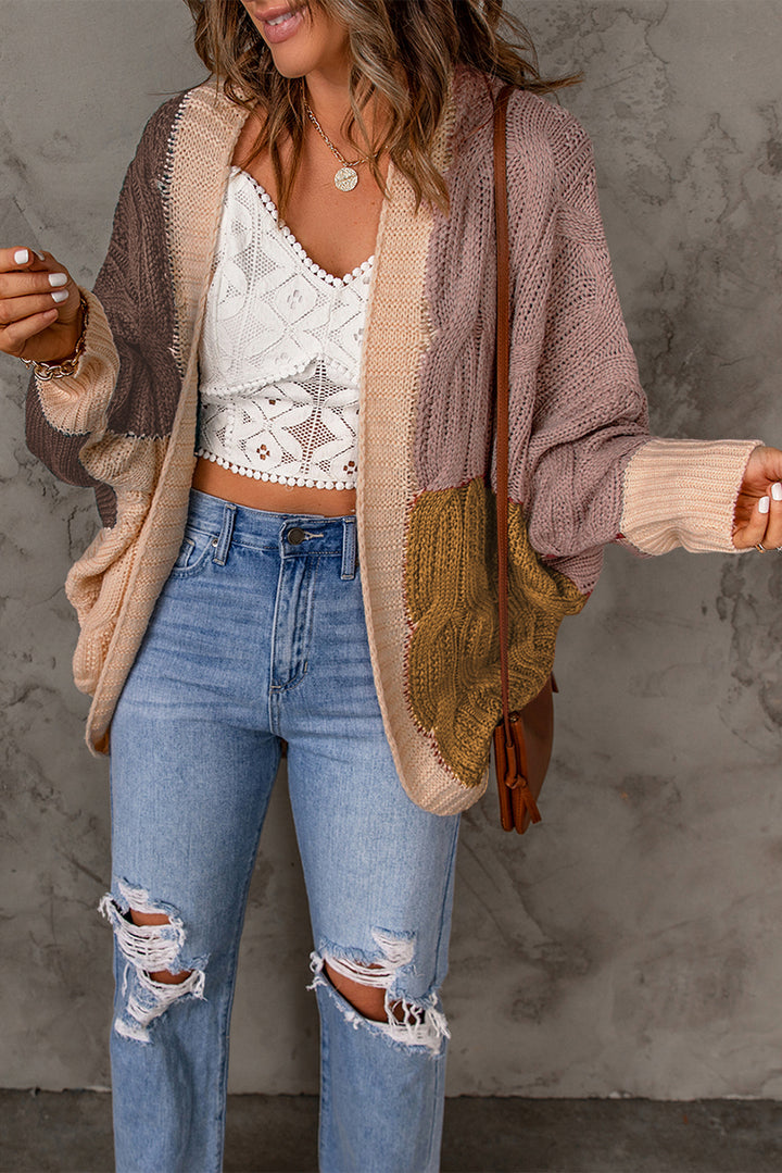 Casual Brown Color Block Loose Open Front Knitted Cardigan