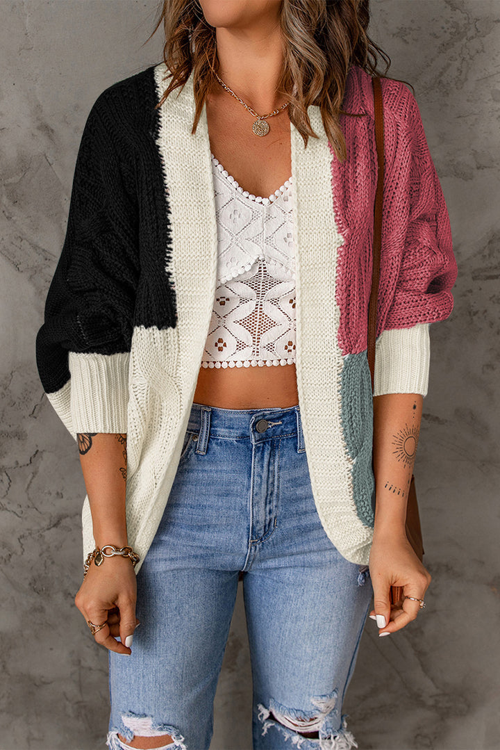 Black Color Block Loose Open Front Knitted Cardigan