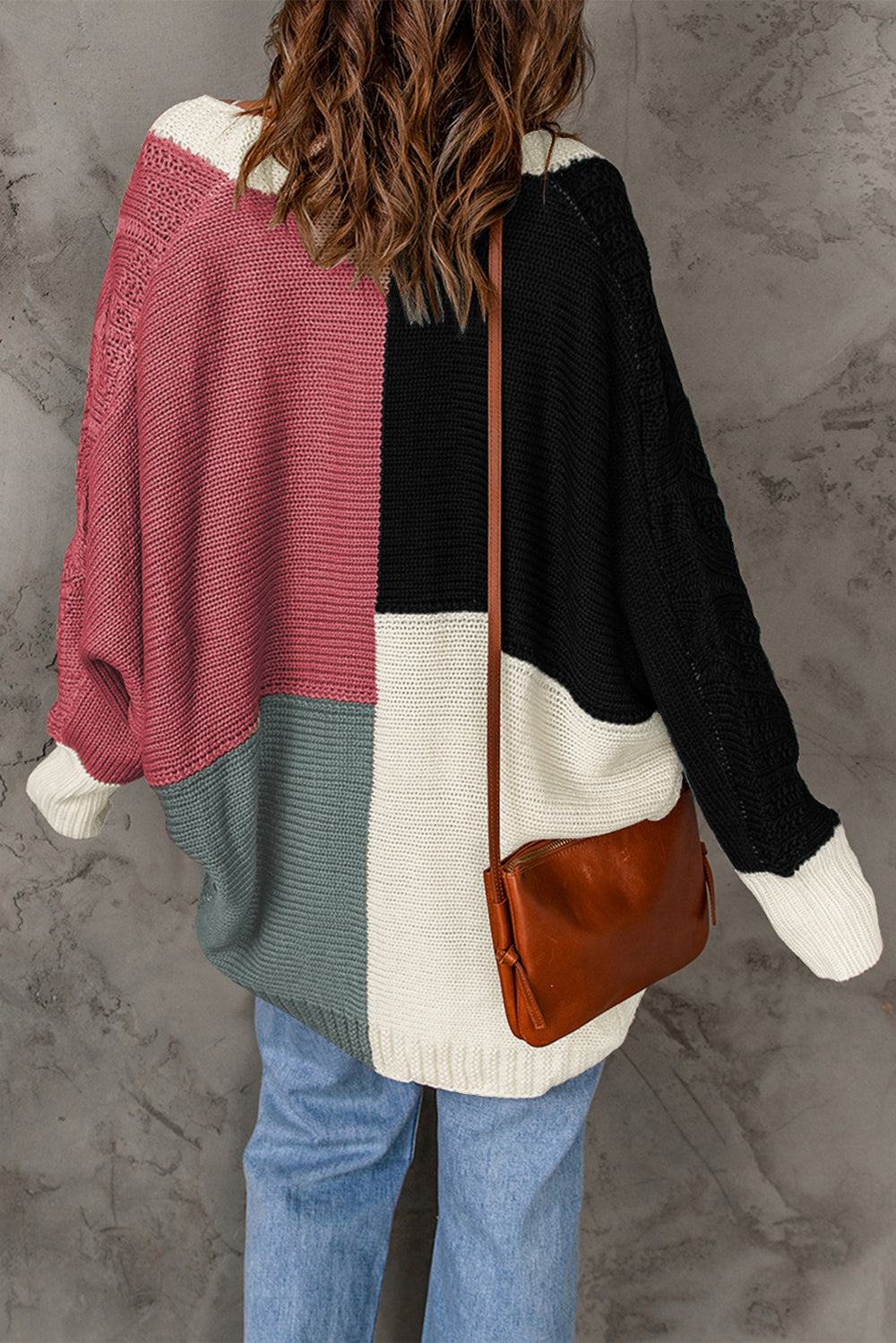 Black Color Block Loose Open Front Knitted Cardigan