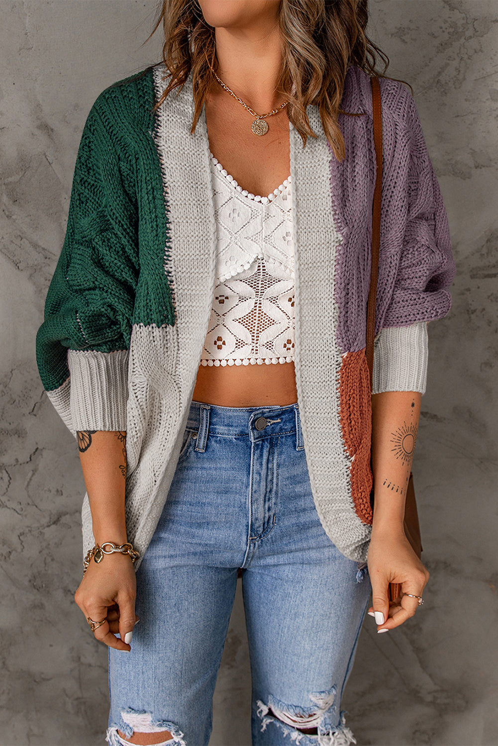 New Green Color Block Loose Open Front Knitted Cardigan