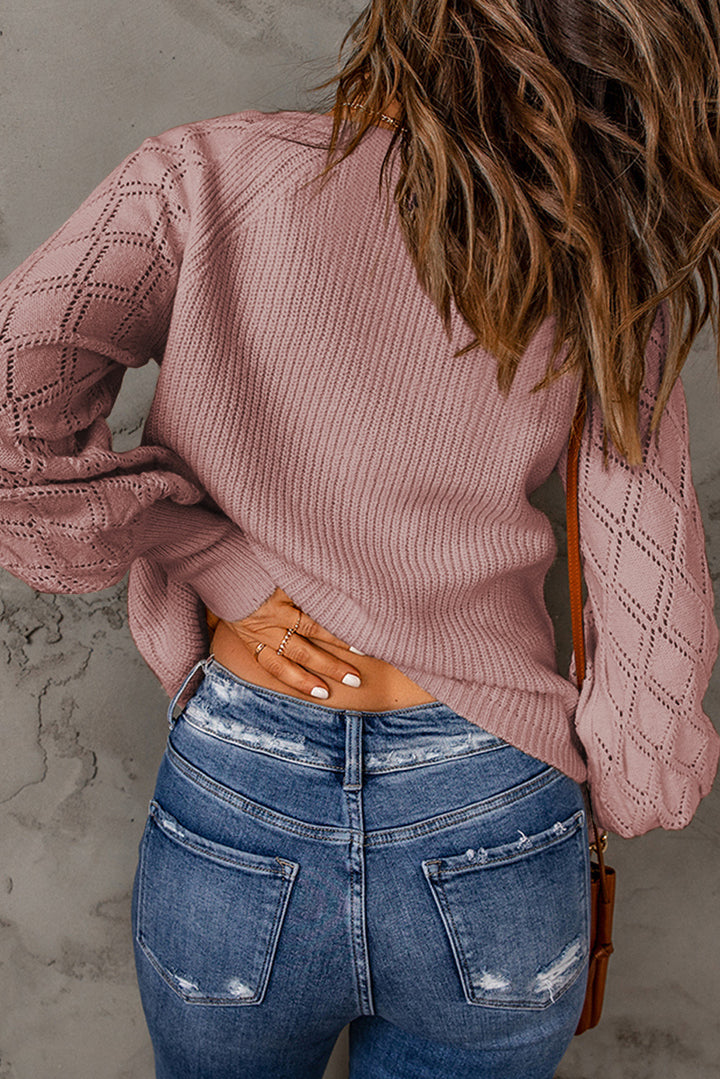 Pink Bishop Sleeve Button V Neck Sweater