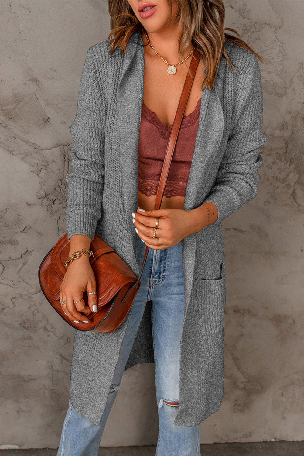 Casual Gray Hooded Pockets Open Front Knitted Cardigan