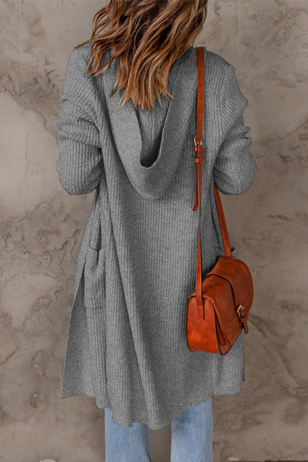 Casual Gray Hooded Pockets Open Front Knitted Cardigan