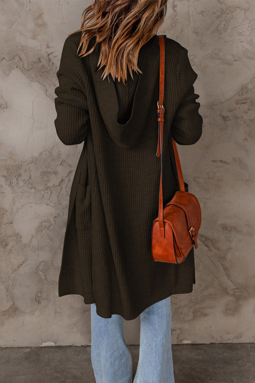 Brown Hooded Pockets Open Front Knitted Cardigan