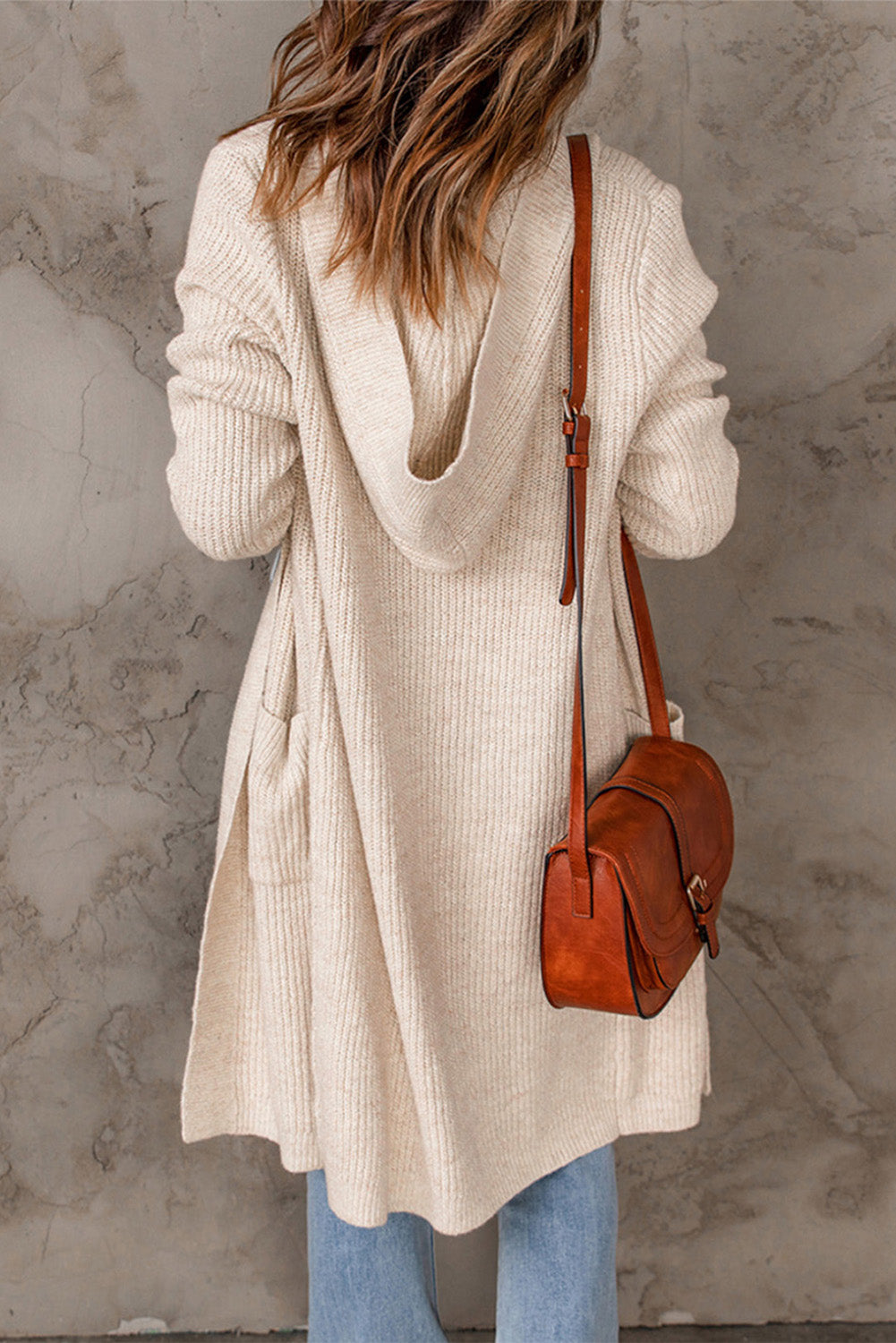 Fashion Apricot Pockets Open Front Knitted Hooded Cardigan