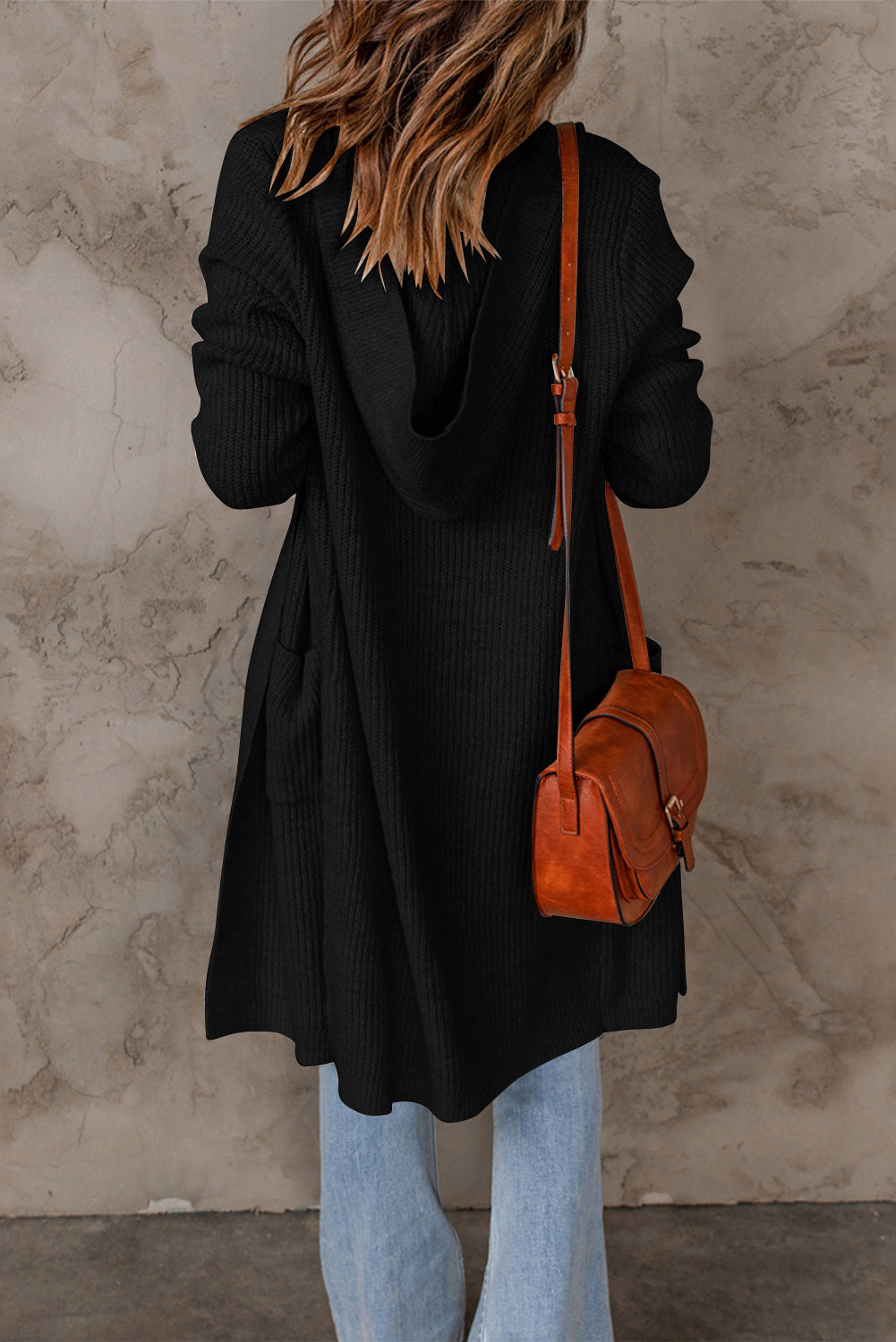 Brief Black Hooded Pockets Open Front Knitted Long Cardigan
