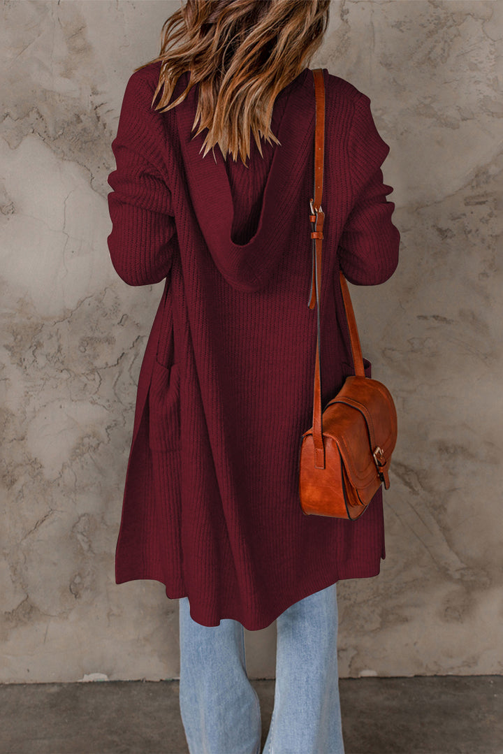 Fashion Wine Red Hooded Pockets Open Front Knitted Cardigan