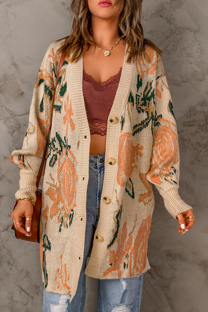 Apricot Abstract Floral Knit Button Down Long Cardigan