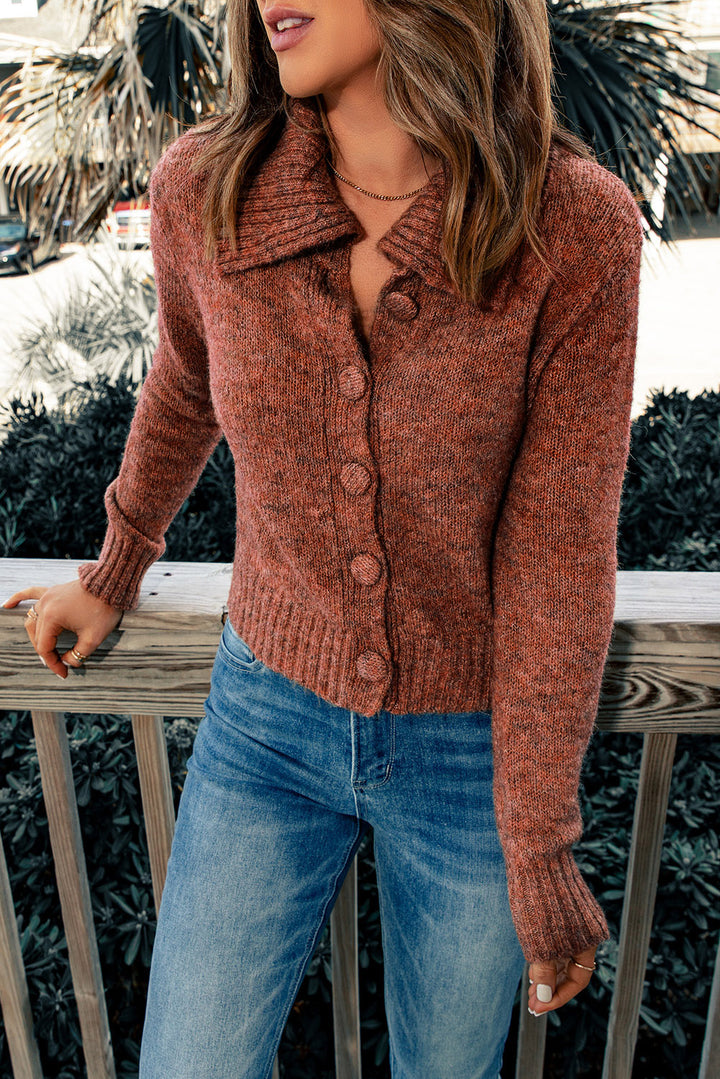 Brown Turn Down Collar Buttoned Knit Cardigan