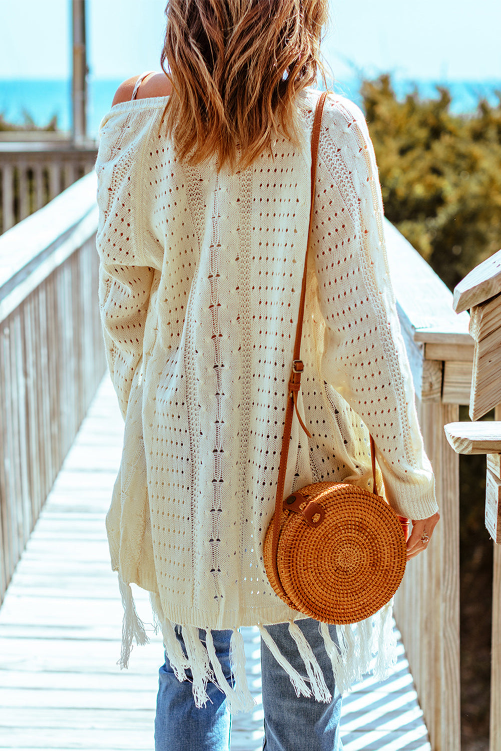 Chic Beige Tasseled Hollow-out Cable Knit Cardigan