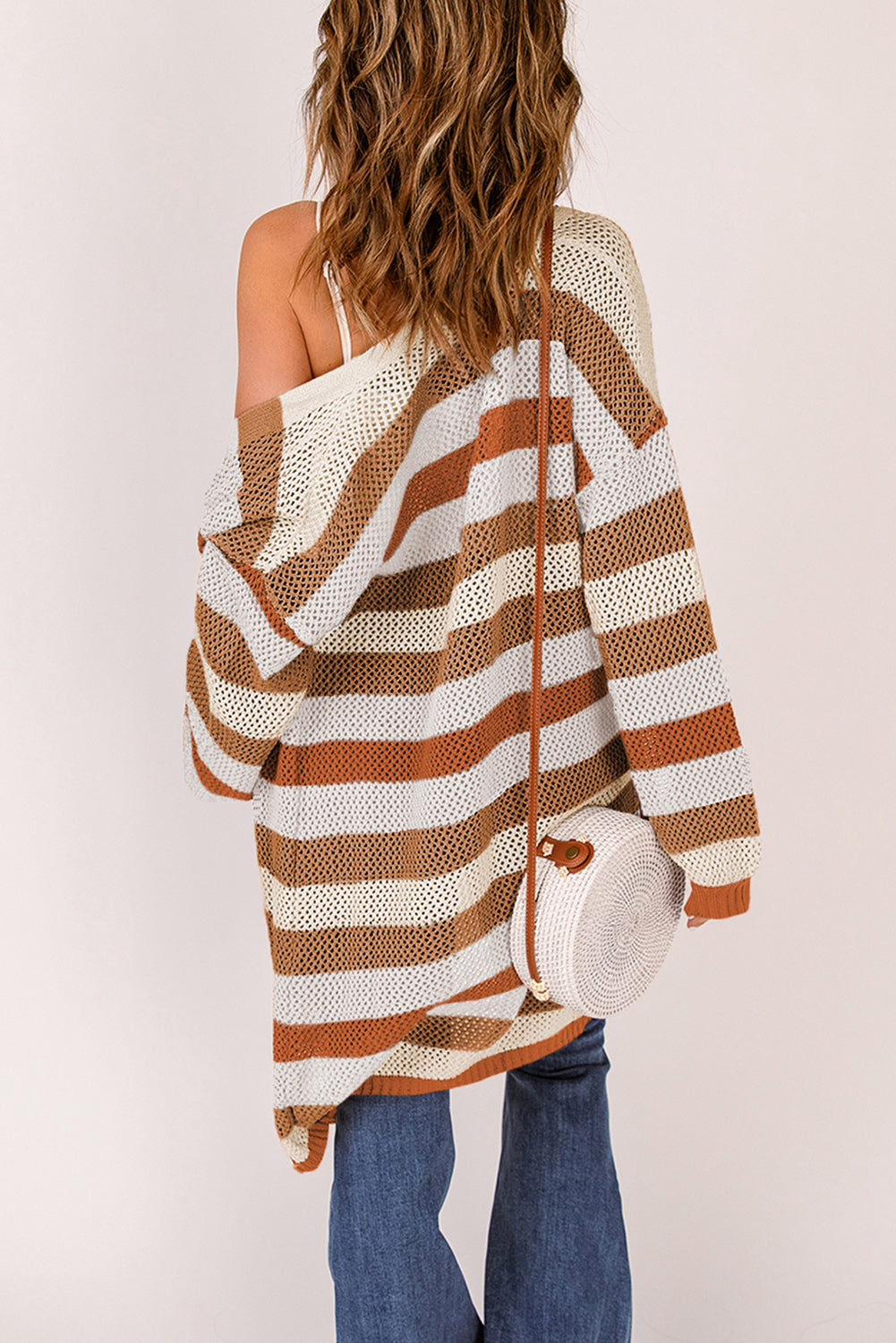 Casual Brown Striped Color Block Hollowed Knit Cardigan