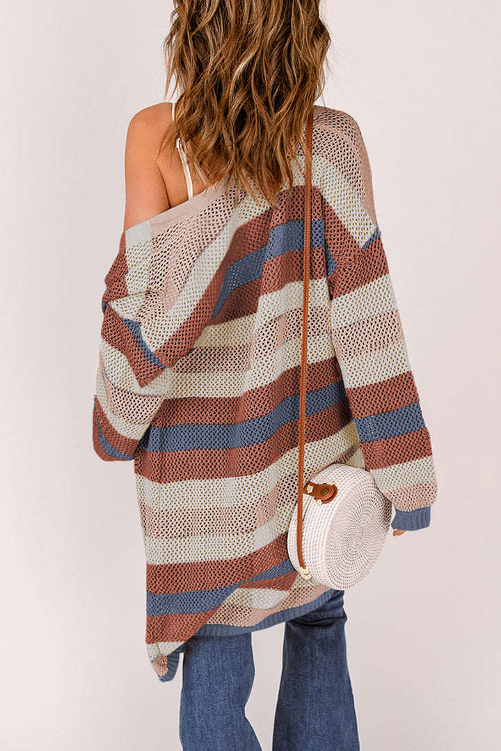 Classy Blue Striped Color Block Hollowed Knit Cardigan