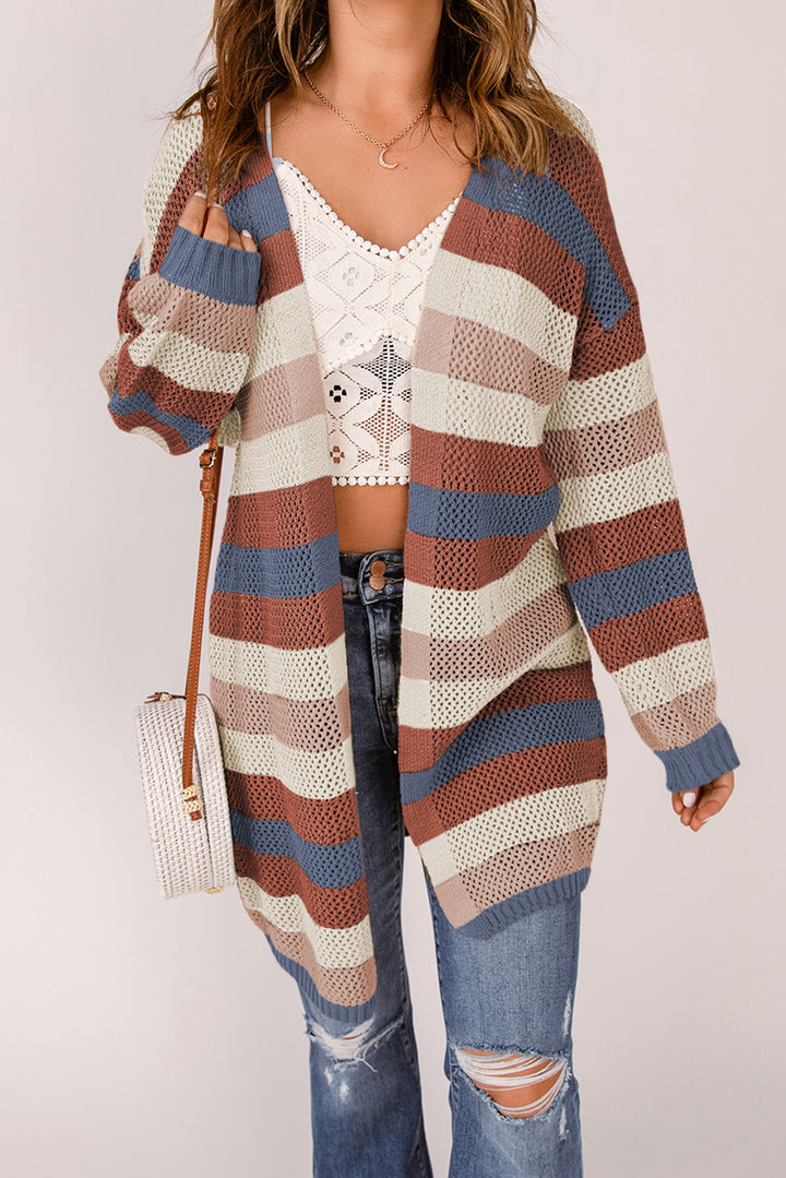 Classy Blue Striped Color Block Hollowed Knit Cardigan