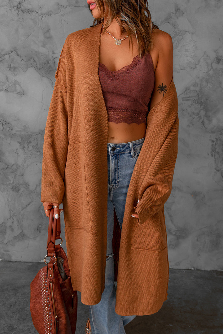 Winter Brown Solid Open Front Drop Sleeves Long Cardigan