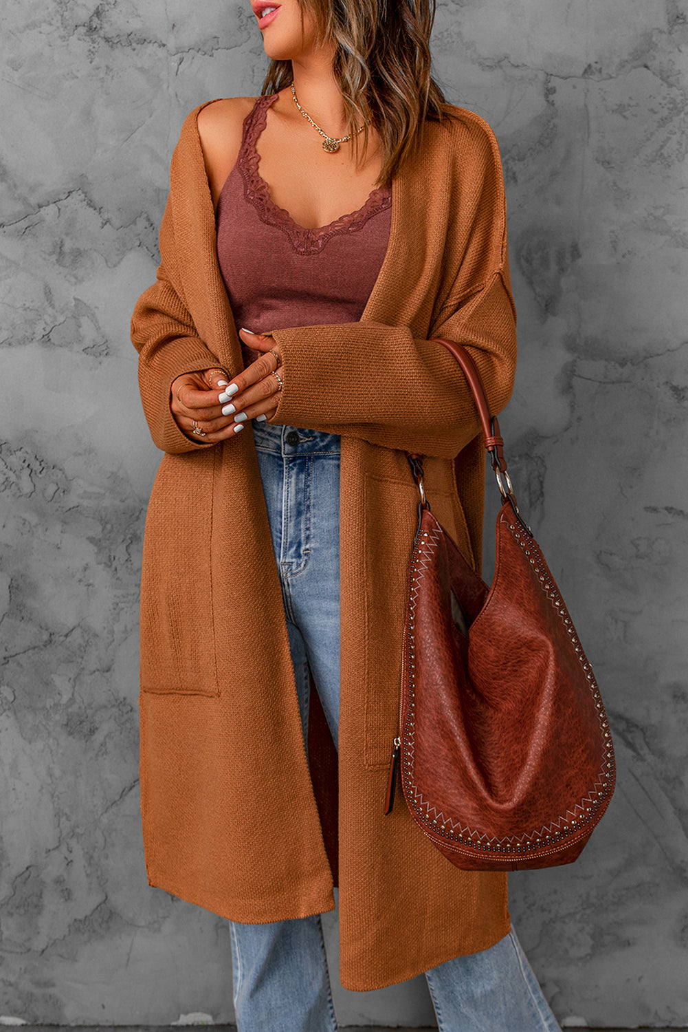 Winter Brown Solid Open Front Drop Sleeves Long Cardigan