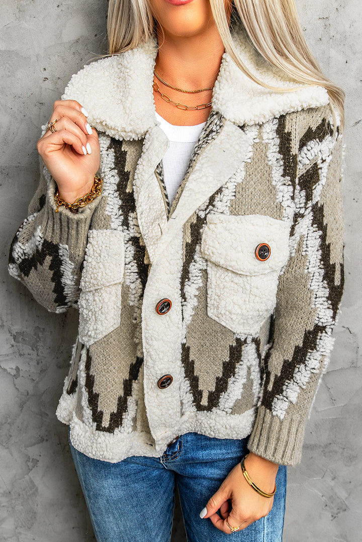 Warm Brown Diamond Pattern Knit Sherpa Splice Cardigan Sweater