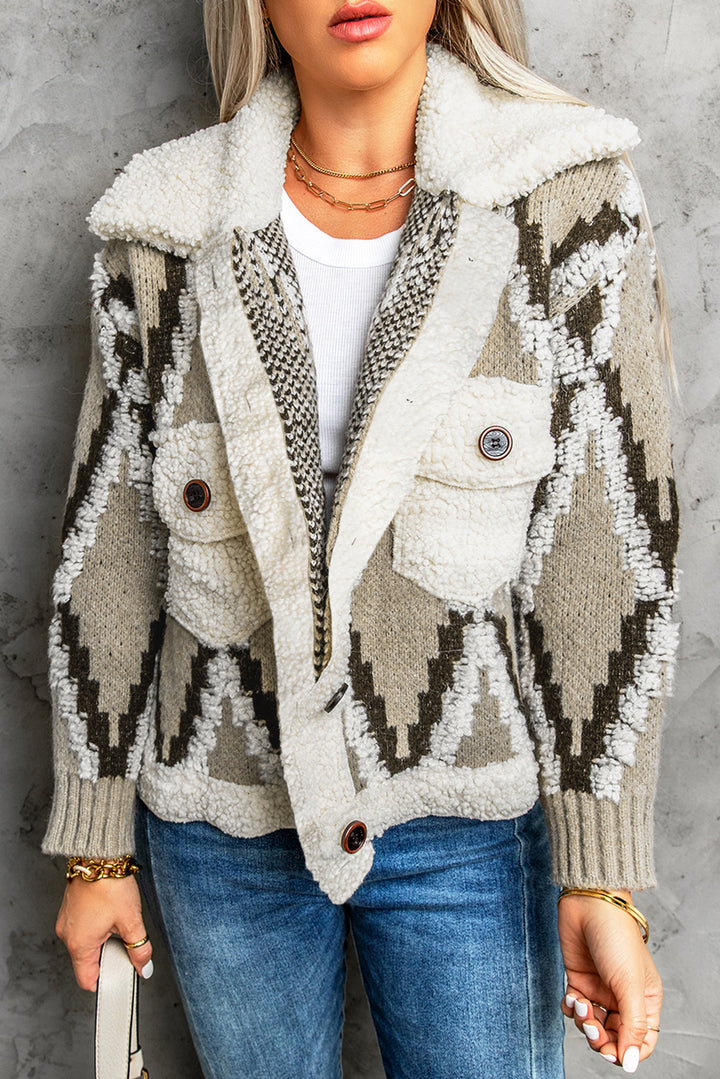 Warm Brown Diamond Pattern Knit Sherpa Splice Cardigan Sweater