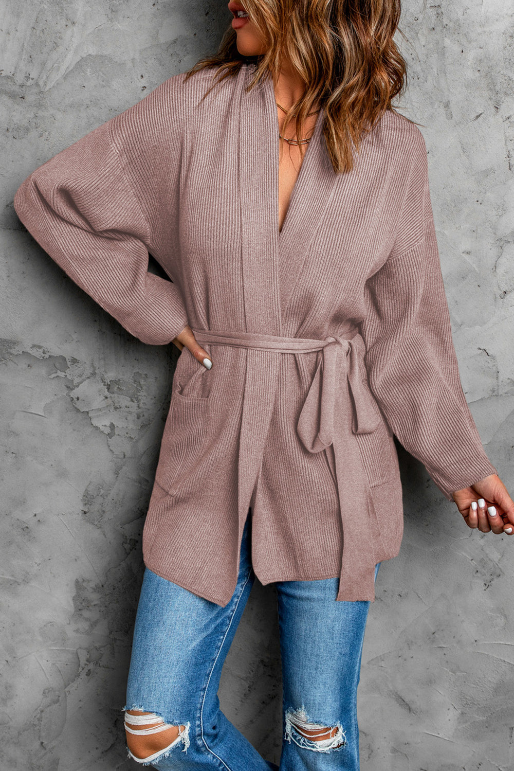 New Pink Robe Style Rib Knit Pocketed Cardigan with Belt
