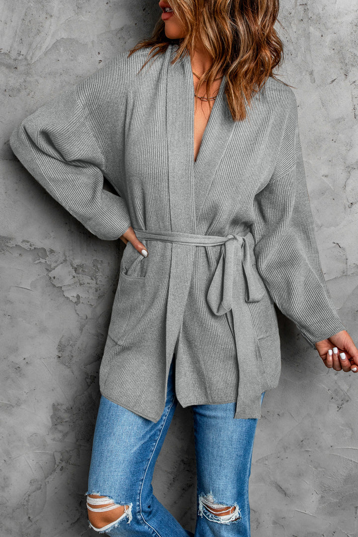 Womens Gray Robe Style Rib Knit Pocketed Cardigan with Belt