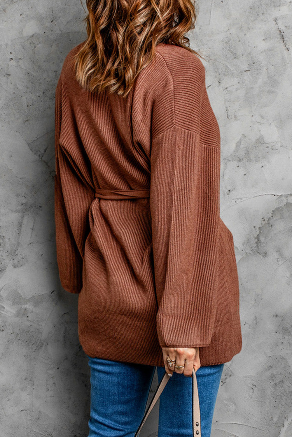 Brown Robe Style Rib Knit Pocketed Cardigan with Belt