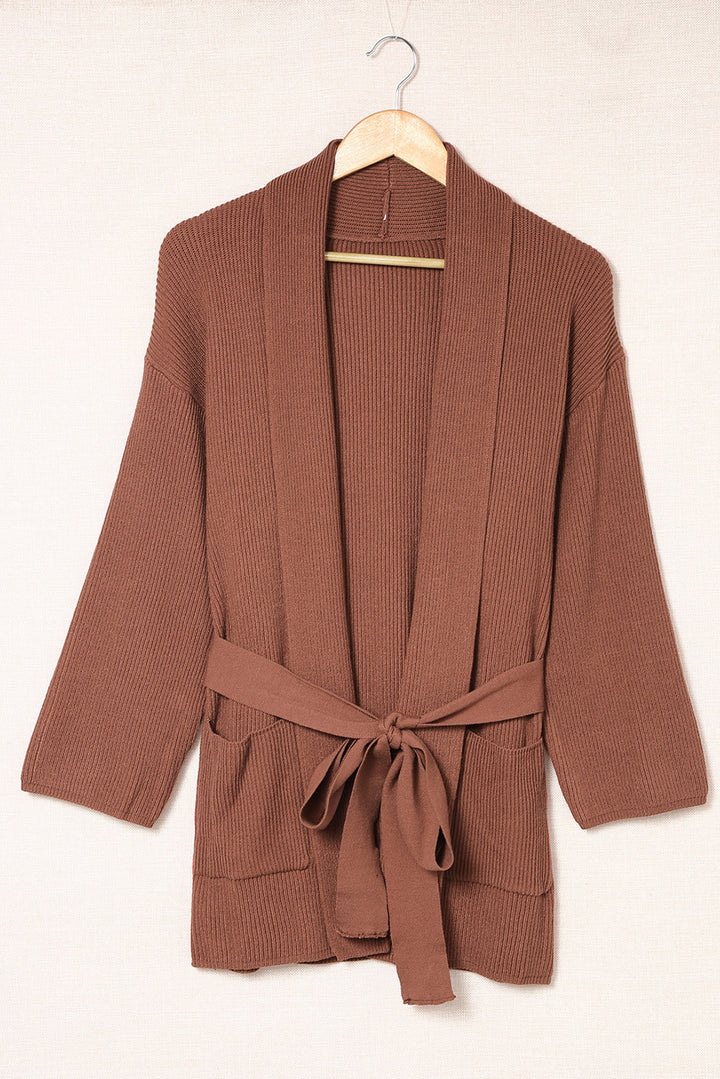 Brown Robe Style Rib Knit Pocketed Cardigan with Belt