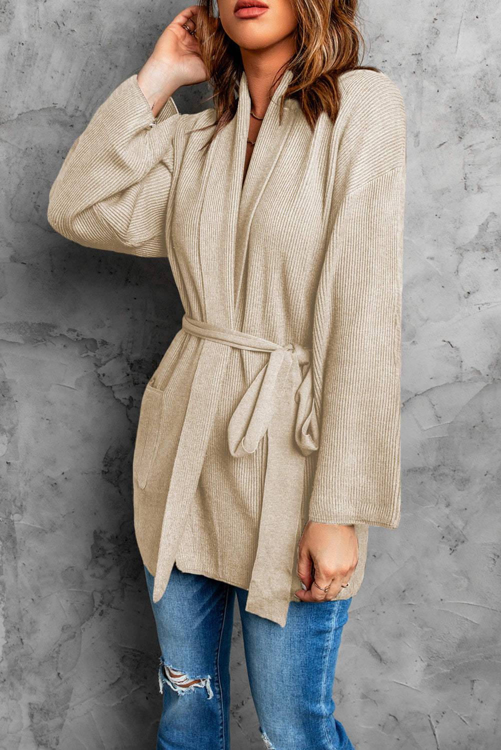 Casual Apricot Robe Style Rib Knit Pocketed Cardigan with Belt