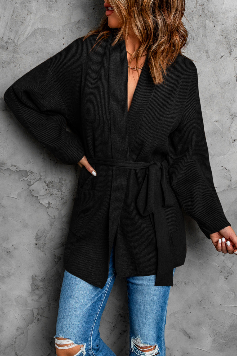 Black Robe Style Rib Knit Pocketed Cardigan with Belt
