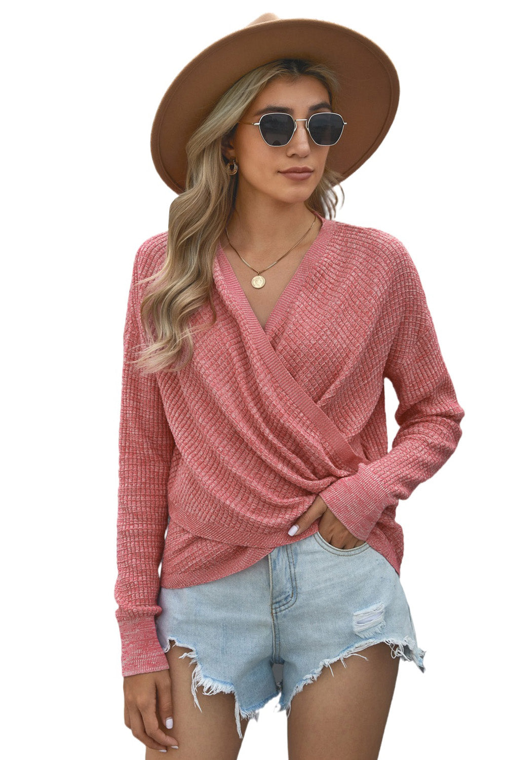 Women's Pink Deep V-neck Long Sleeve Knit Sweater