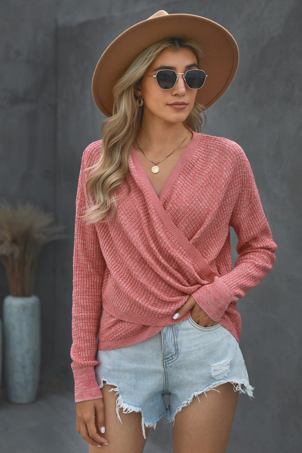 Women's Pink Deep V-neck Long Sleeve Knit Sweater