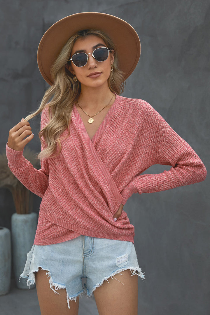 Women's Pink Deep V-neck Long Sleeve Knit Sweater