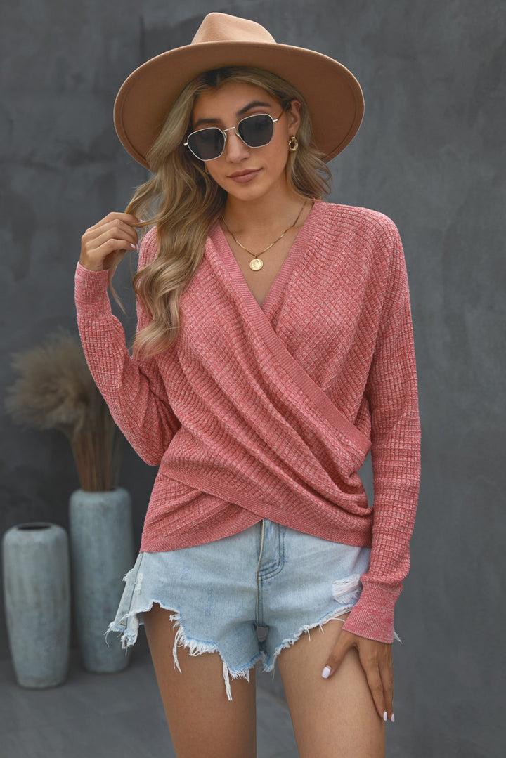Women's Pink Deep V-neck Long Sleeve Knit Sweater